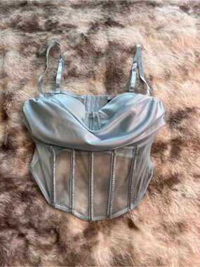 Windsor Light Blue Corset top with Draped Neckline and silver rhinestones